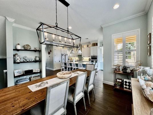 Dining room, Interior, Kitchen, Pendant Lights, Recessed Lighting, Stainless Steel Appliances, Wood Texture Flooring