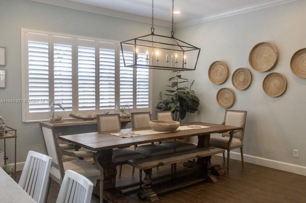Dining room, Interior, Pendant Lights, Recessed Lighting, Wood Texture Flooring