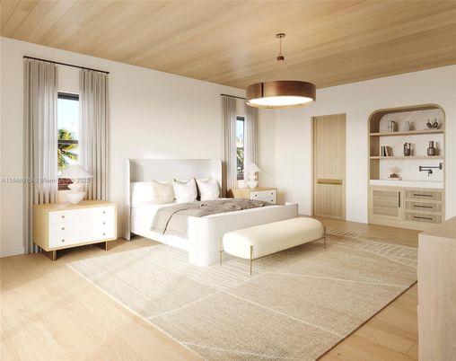 Bedroom, Interior, Pendant Lights, Wooden Ceilings, Wood Texture Flooring