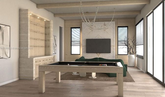 Billiard Table, Game Room, Interior, Living room, Pendant Lights, Wooden Beams, Wood Texture Flooring