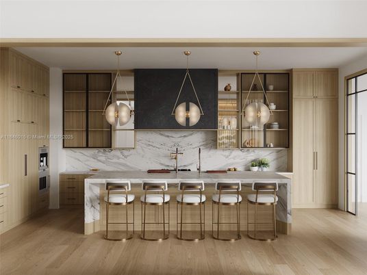 Interior, Kitchen, Marble Walls, Pendant Lights, Wood Texture Flooring
