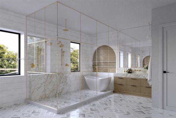 Bathroom, Free Standing Baths, Glass Shower, Interior, Marble Walls, Pendant Lights