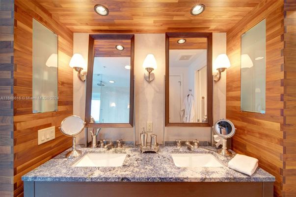Bathroom, Dual Sink Vanities, Interior, Recessed Lighting, Wooden Ceilings, Wooden Walls