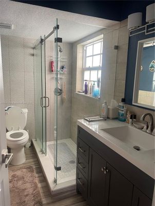 Bathroom, Glass Shower, Interior, Wood Texture Flooring