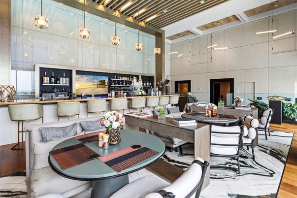 Dining room, Interior, Pendant Lights, Wood Texture Flooring