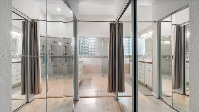 Bathroom, Glass Shower, Interior, Recessed Lighting, Wood Texture Flooring