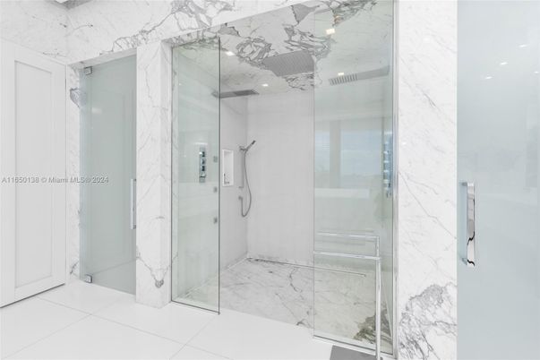 Bathroom, Glass Shower, Interior, Marble Walls, Recessed Lighting