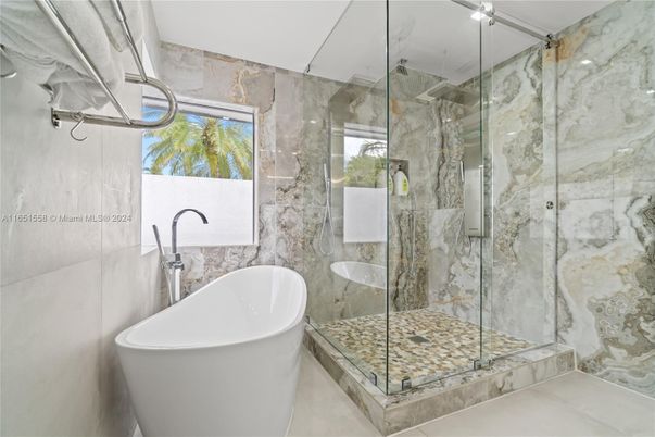Bathroom, Free Standing Baths, Glass Shower, Interior, Marble Walls