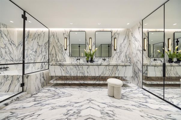 Bathroom, Dual Sink Vanities, Glass Shower, Interior, Marble, Marble Walls, Recessed Lighting
