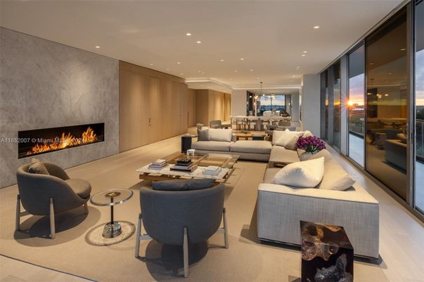 Dining room, Fireplace, Interior, Living room, Pendant Lights, Recessed Lighting, Wood Texture Flooring