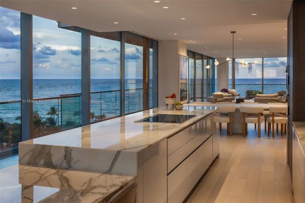 Dining room, Interior, Kitchen, Pendant Lights, Recessed Lighting, Water, Wood Texture Flooring