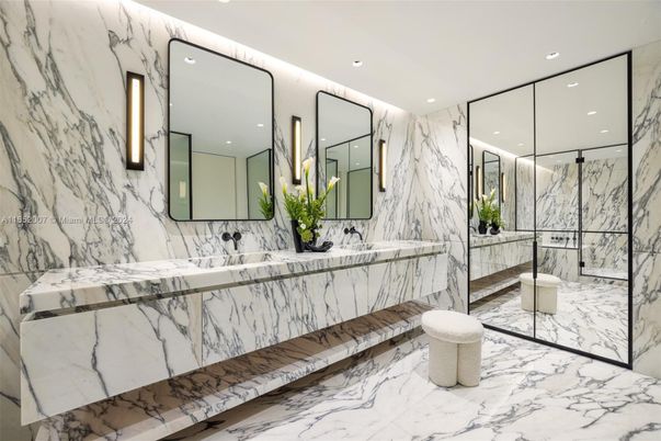 Bathroom, Dual Sink Vanities, Glass Shower, Interior, Marble, Marble Walls, Recessed Lighting