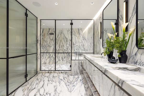 Bathroom, Glass Shower, Interior, Marble, Marble Walls, Recessed Lighting