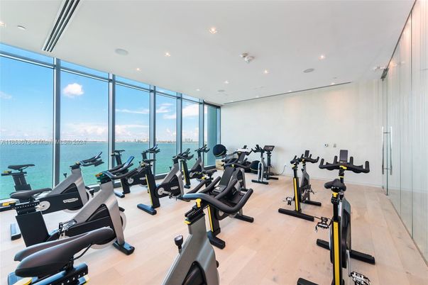 Fitness Equipment, Gym, Interior, Recessed Lighting, Water, Wood Texture Flooring