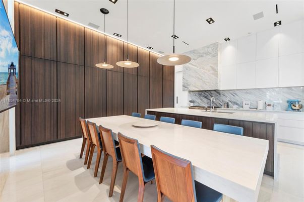 Dining room, Interior, Kitchen, Marble Walls, Pendant Lights, Recessed Lighting
