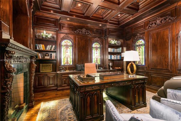 Fireplace, Home Office, Interior, Recessed Lighting, Wooden Beams, Wooden Ceilings, Wood Texture Flooring, Wooden Walls