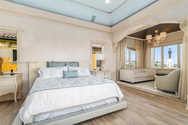 Bedroom, Chandelier, Interior, Recessed Lighting, Wood Texture Flooring