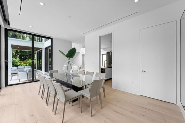 Dining room, Interior, Recessed Lighting, Wood Texture Flooring