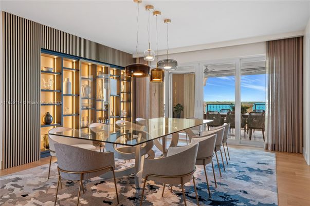 Dining room, Interior, Pendant Lights, Water, Wood Texture Flooring