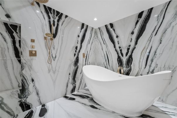 Bathroom, Free Standing Baths, Interior, Marble, Marble Walls, Recessed Lighting