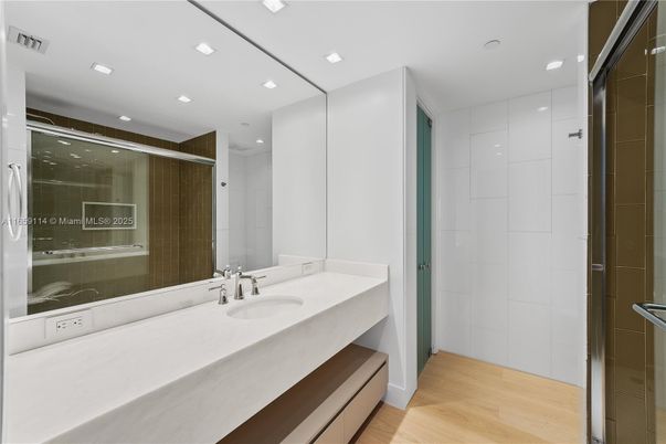 Bathroom, Glass Shower, Interior, Recessed Lighting, Wood Texture Flooring