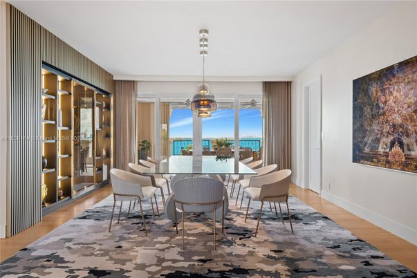 Dining room, Interior, Pendant Lights, Water, Wood Texture Flooring