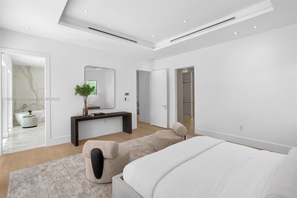 Bedroom, Interior, Marble Walls, Recessed Lighting, Wood Texture Flooring