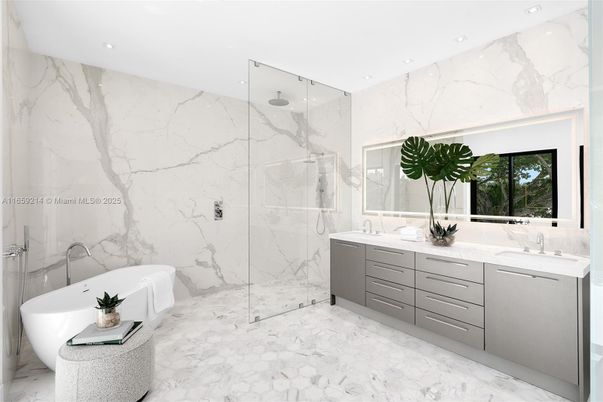 Bathroom, Dual Sink Vanities, Free Standing Baths, Glass Shower, Interior, Marble, Marble Walls, Recessed Lighting