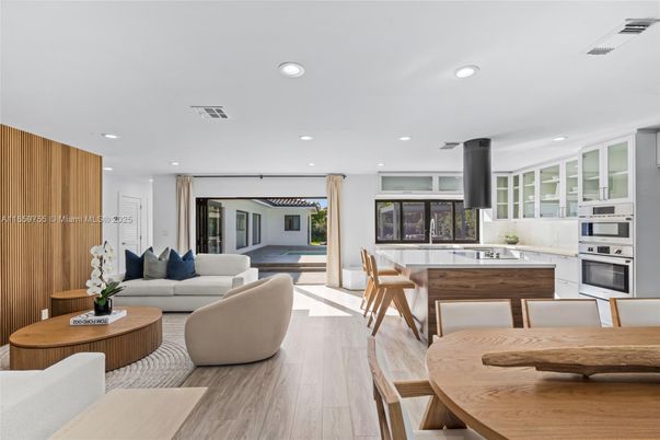 Dining room, Interior, Kitchen, Living room, Recessed Lighting, Stainless Steel Appliances, Wood Texture Flooring