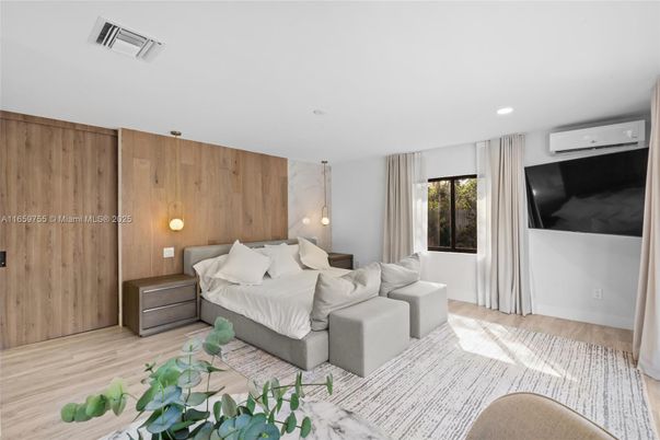 Bedroom, Interior, Pendant Lights, Recessed Lighting, Wood Texture Flooring, Wooden Walls