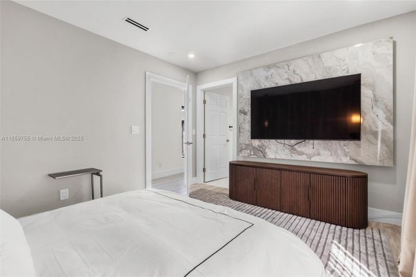 Bedroom, Interior, Marble Walls, Recessed Lighting, Wood Texture Flooring
