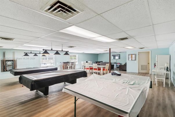 Billiard Table, Game Room, Interior, Pendant Lights, Wood Texture Flooring