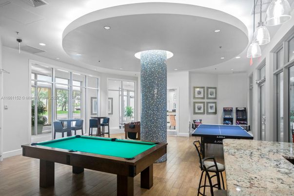 Billiard Table, Game Room, Interior, Pendant Lights, Recessed Lighting, Wood Texture Flooring