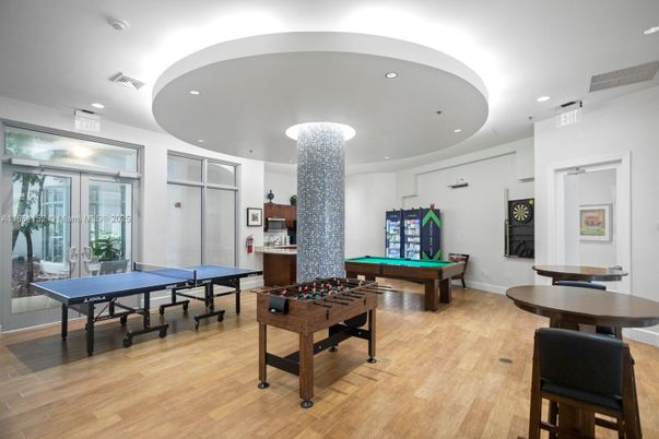 Billiard Table, Game Room, Interior, Recessed Lighting, Wood Texture Flooring