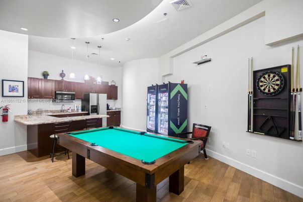 Billiard Table, Game Room, Interior, Kitchen, Pendant Lights, Recessed Lighting, Stainless Steel Appliances, Wood Texture Flooring