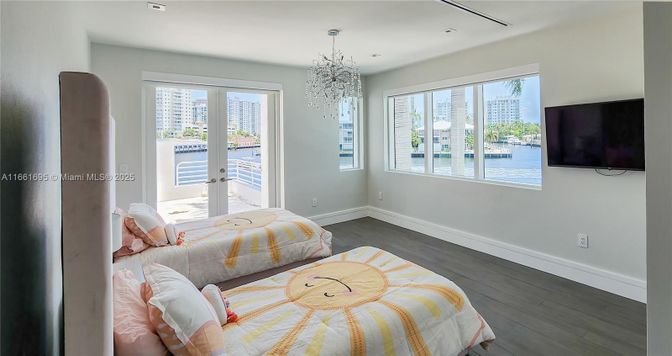 Bedroom, Chandelier, Interior, Recessed Lighting, Wood Texture Flooring