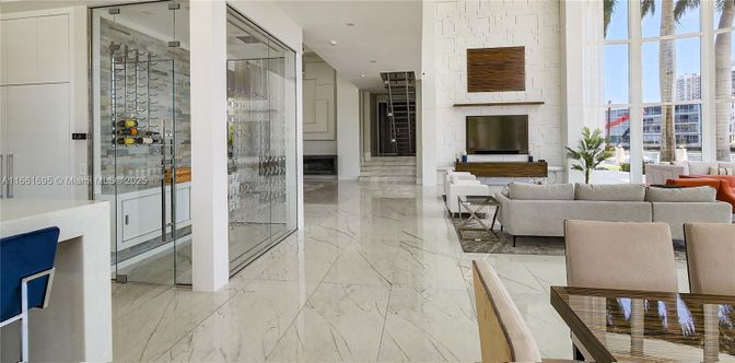 Interior, Living room, Marble, Recessed Lighting, Stone Walls, Wine Storage