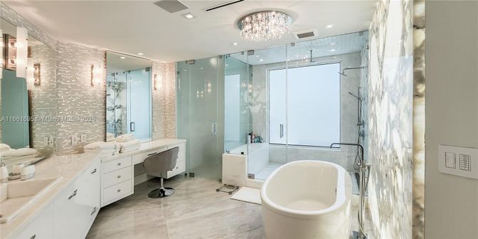 Bathroom, Chandelier, Dual Sink Vanities, Free Standing Baths, Glass Shower, Interior, Recessed Lighting