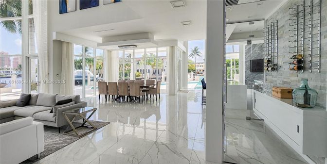 Dining room, Interior, Living room, Marble, Recessed Lighting, Wine Storage