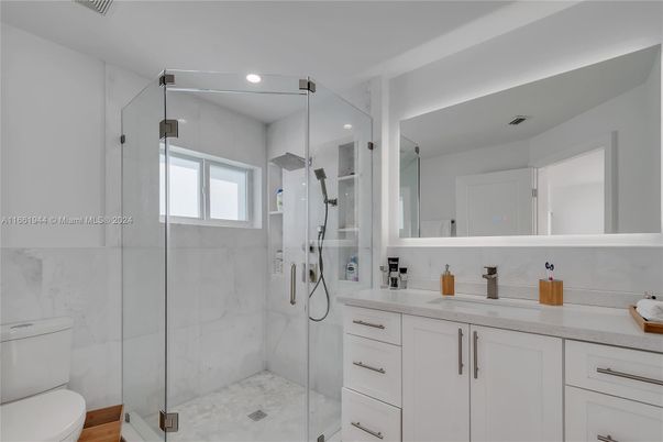 Bathroom, Glass Shower, Interior, Marble Walls, Recessed Lighting