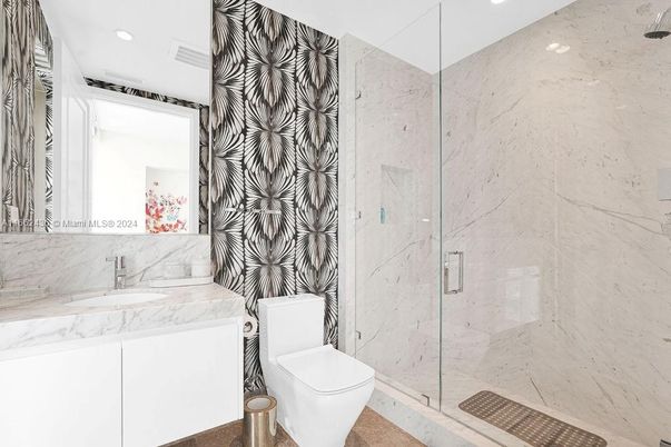 Bathroom, Glass Shower, Interior, Marble Walls, Recessed Lighting