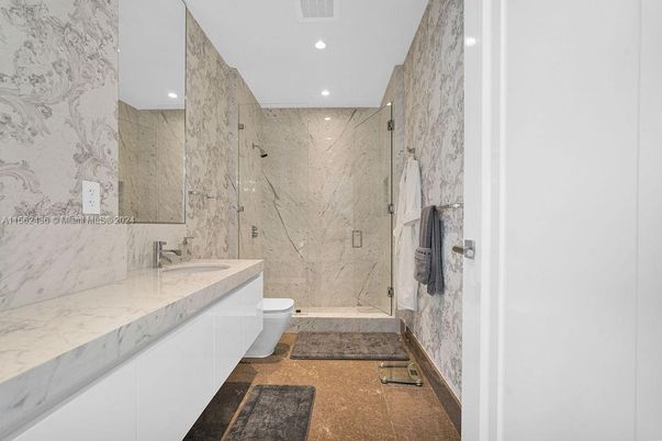 Bathroom, Glass Shower, Interior, Marble Walls, Recessed Lighting
