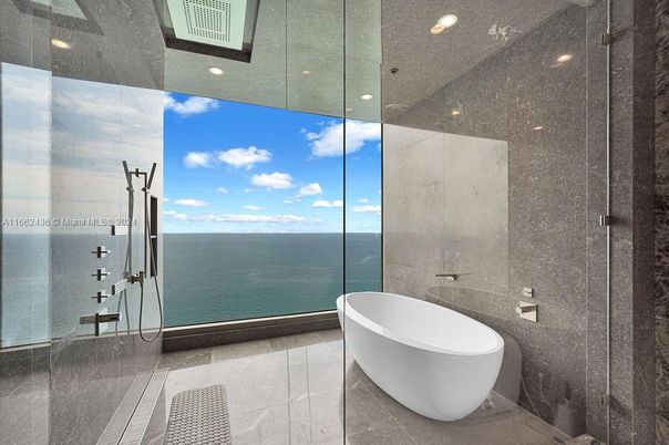 Bathroom, Free Standing Baths, Glass Shower, Interior, Recessed Lighting, Water