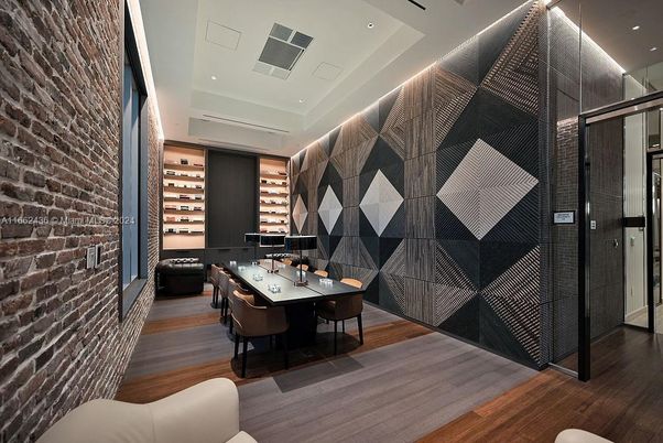 Dining room, Interior, Recessed Lighting, Stone Walls, Wood Texture Flooring