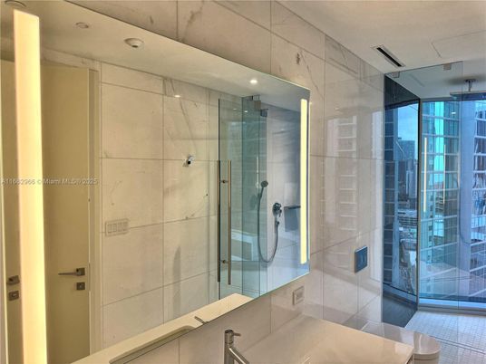Bathroom, Glass Shower, Interior, Marble Walls, Recessed Lighting