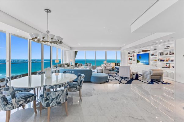 Dining room, Interior, Living room, Marble, Pendant Lights, Recessed Lighting, Water