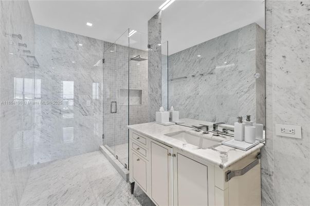 Bathroom, Glass Shower, Interior, Marble, Marble Walls, Recessed Lighting