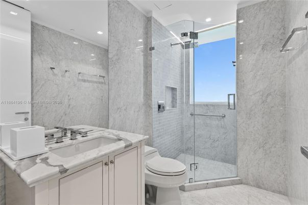 Bathroom, Glass Shower, Interior, Marble, Marble Walls, Recessed Lighting
