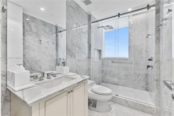 Bathroom, Glass Shower, Interior, Marble, Marble Walls, Recessed Lighting