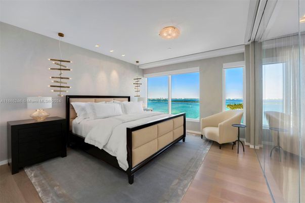 Bedroom, Interior, Pendant Lights, Recessed Lighting, Water, Wood Texture Flooring